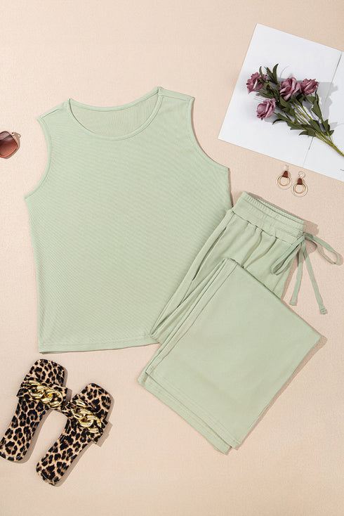 Minimalist Chic Sleeveless Crew Neck Ribbed Wide Leg Lounge Pants Set